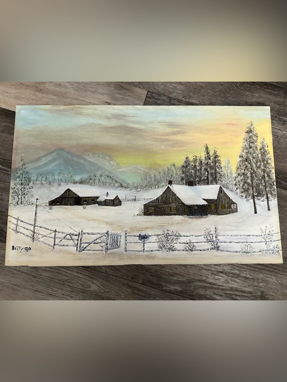 Vintage Hand-Painted Winter Landscape Home Art - Snowy Cabin Scene